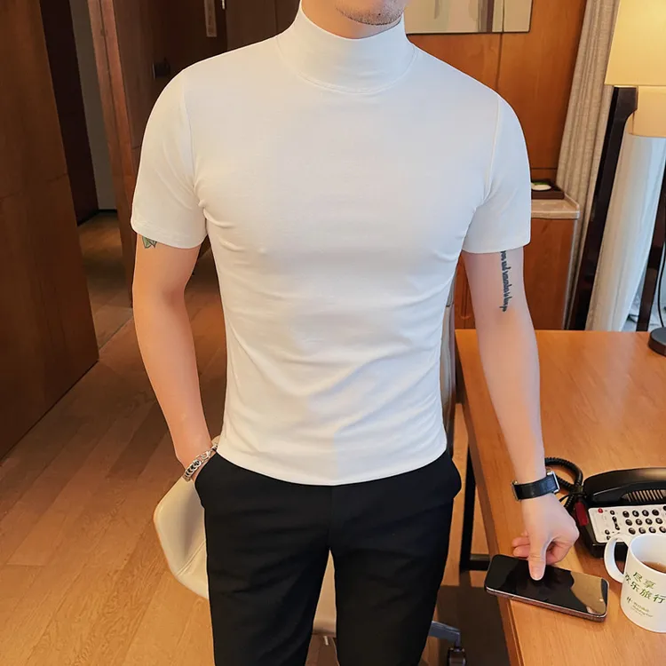 春秋男士打底衫休闲潮流修身半高领短袖T恤中领上衣内搭半袖体恤