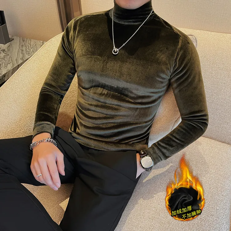 冬季爆款韩版修身加绒加厚半高领长袖T恤金丝绒内搭中领打底衫潮