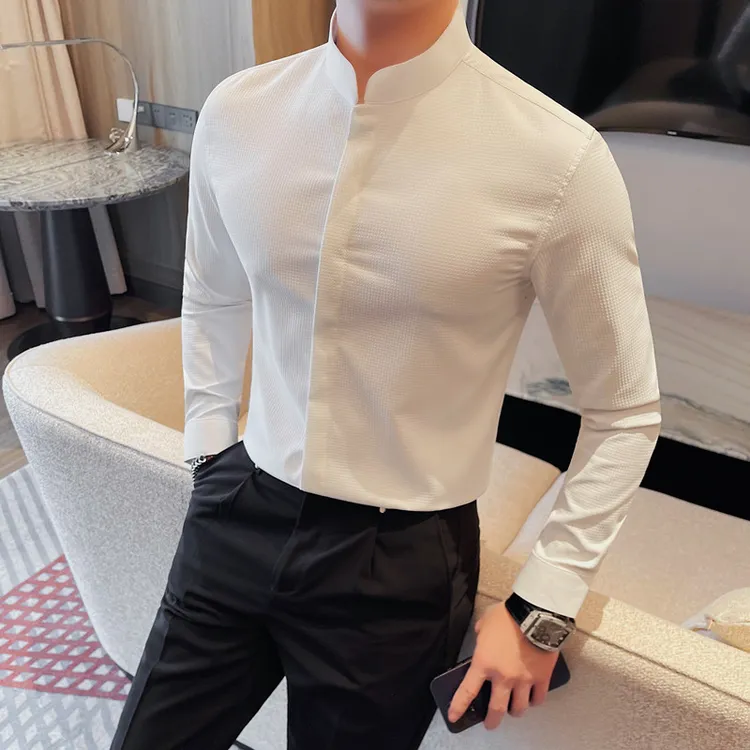 立领衬衫男长袖2025新款新中式国风男装高级感中山装白衬衣男款