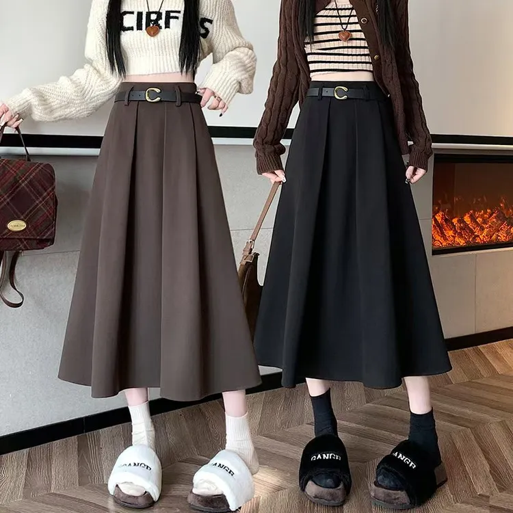 【送腰带】毛呢半身裙女秋冬高腰A字裙中长款赫本风高级感百褶长裙