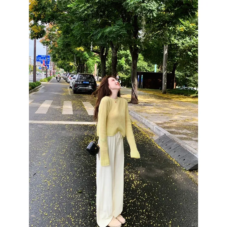 2024秋季简约时尚薄款软糯透气长袖针织衫上衣高腰垂感休闲阔腿裤
