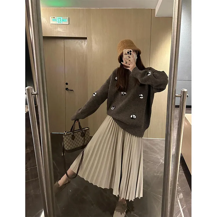 2024秋冬新款慵懒风软糯小个子圆领长袖针织毛衣高腰显瘦百褶长裙