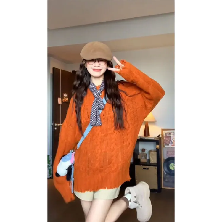 秋季新款盐系轻熟风温柔气质宽松长袖针织上衣高腰显瘦休闲短裤女