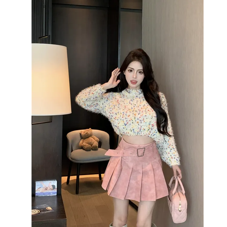 2024秋冬新款纯欲风高级感软糯彩点针织毛衣女粉色高腰百褶半身裙