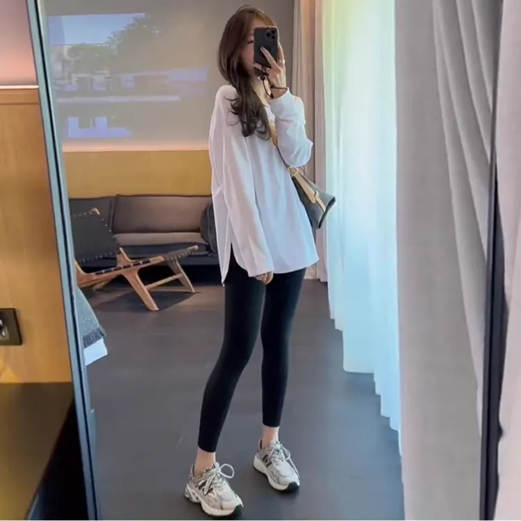 白色打底衫女内搭秋冬2024新款上衣春秋中长款开叉小个子长袖T恤