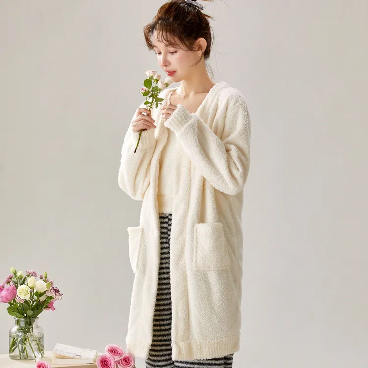 半边绒三件套简约时尚秋冬款中长款居家保暖女士睡衣家居服套