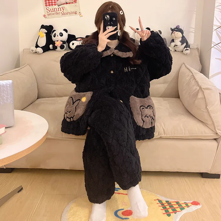 珊瑚绒睡衣女冬加厚加绒三层夹棉女款零下10度特厚抗寒外穿加大码