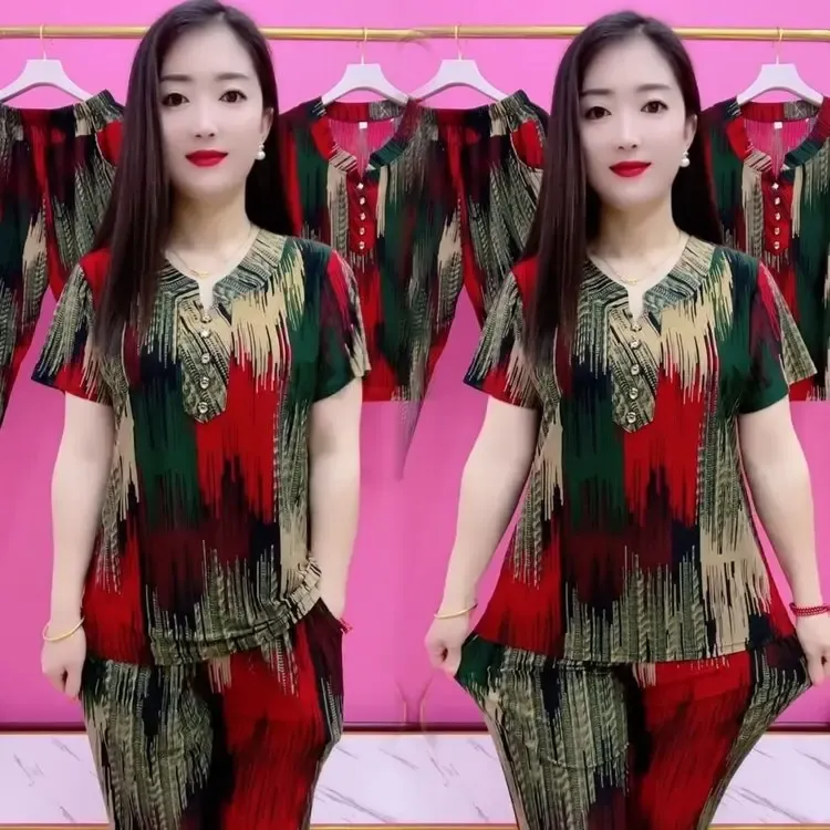 夏季宽松气质运动洋气中老年印花女装大码妈妈装显瘦时尚休闲套装