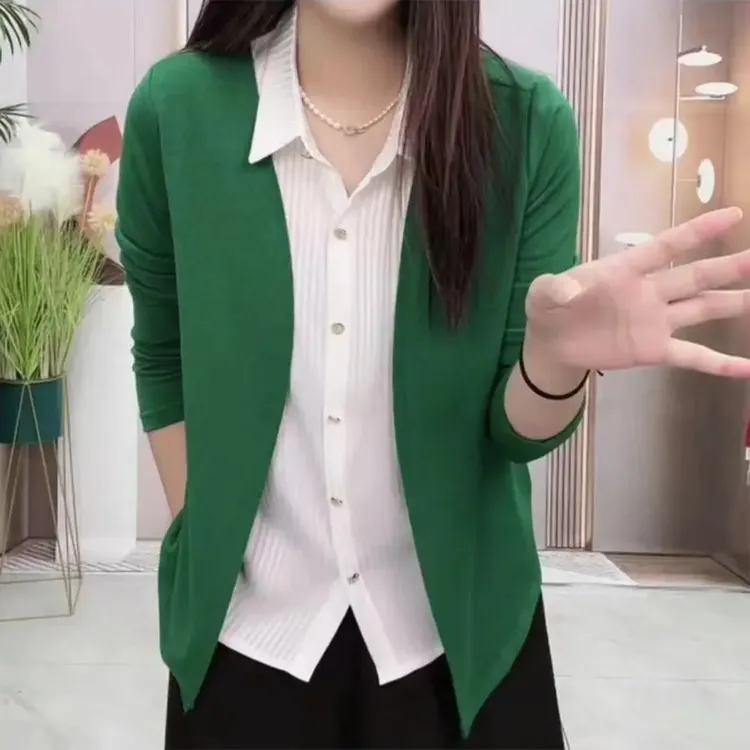 春季新款新款时尚百搭内里纯色拼接气质衬衣假两件 休闲小衫显瘦