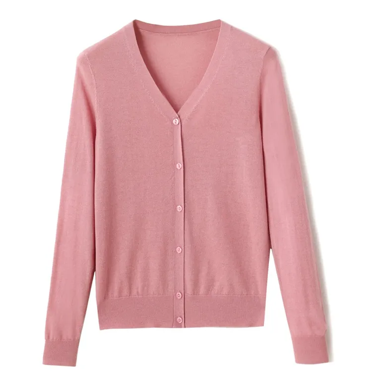 V领精纺羊毛针织开衫女外套宽松上衣春夏外搭空调衫打底薄防晒衫