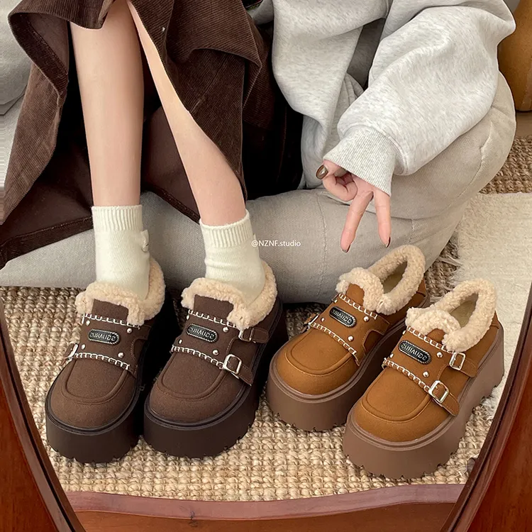 南在南方增高保暖厚底棉鞋女款2025新款冬季加绒加厚一脚蹬毛毛鞋