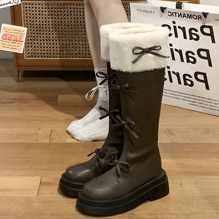 南在南方棕色显瘦法式厚底靴子女长筒靴2025新款秋冬复古瘦瘦长靴