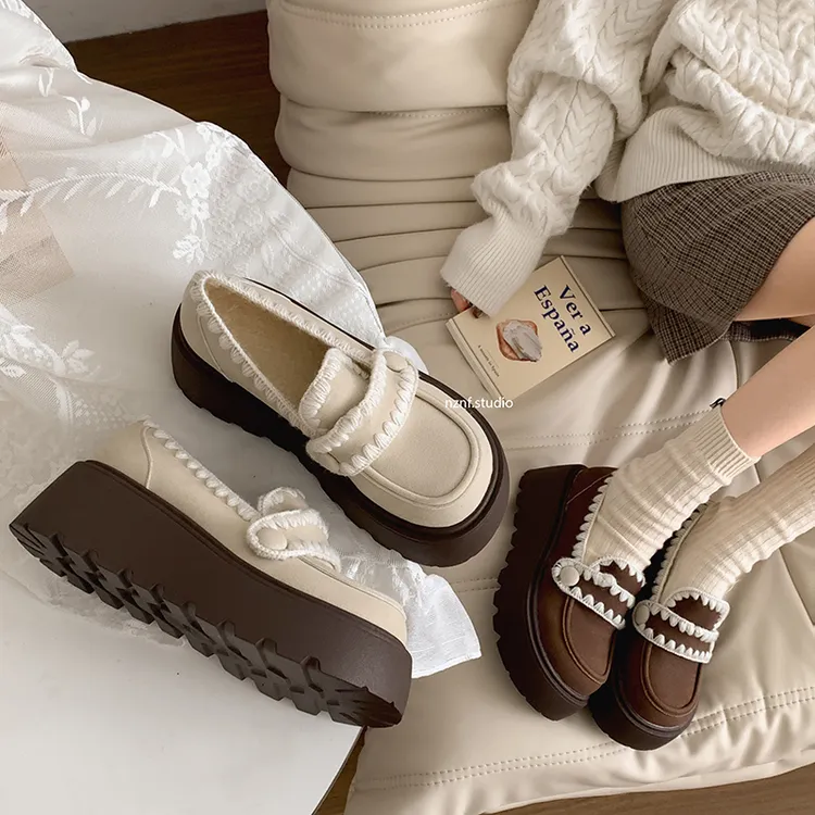 英伦风增高厚底小皮鞋女2025新款春秋百搭复古加绒一脚蹬乐福棉鞋