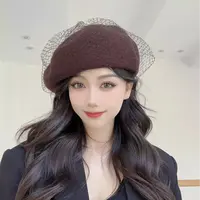 56-58cm黑色网纱款绵羊毛贝雷帽  雪雪780