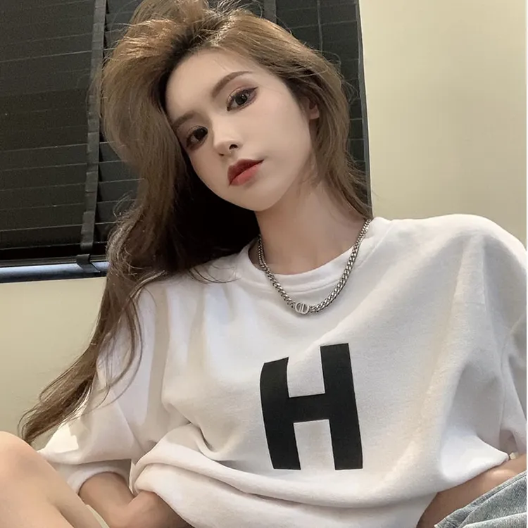 t479#H字母印花短袖T恤女夏季2023新款港风百搭舒适上衣