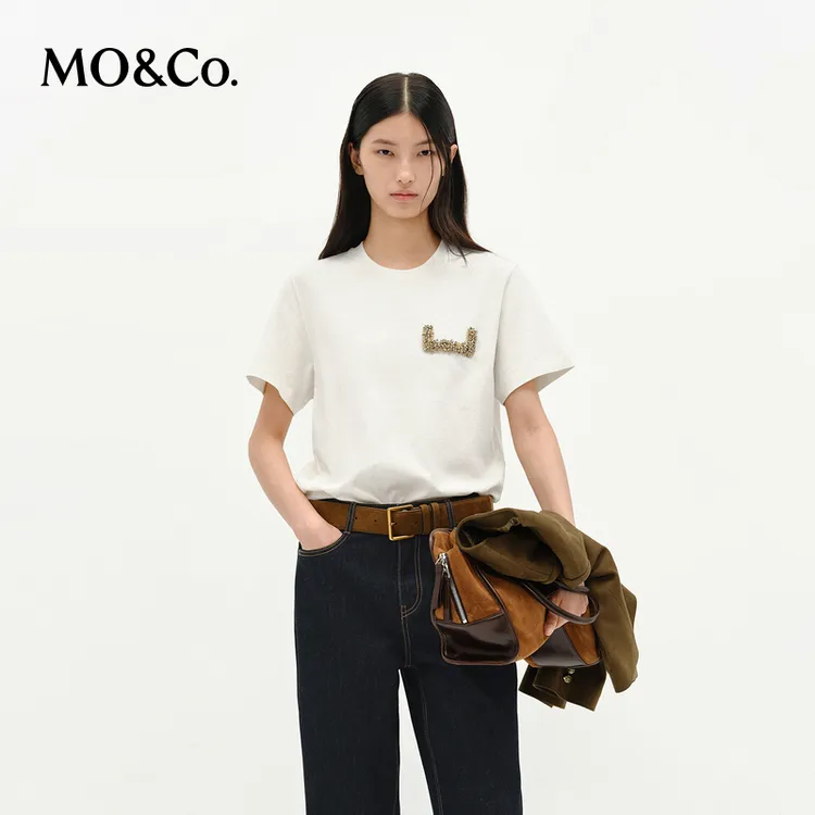 MOCO短袖T恤2025春新品全手工络花钻饰棉质圆领宽松MBE1TEE009