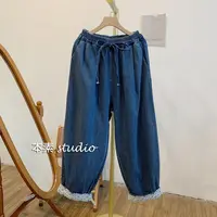 C1131蕾丝翻边松紧腰系带宽松牛仔老爹裤