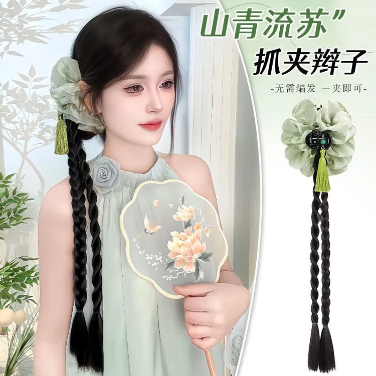 假发辫子女仿真发新中式水墨流苏清冷感抓夹马尾夏自然长辫子发饰