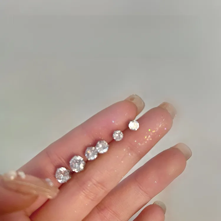 合金耳饰 【3对装】超闪锆石迷你小巧百搭免摘养耳洞水钻小耳钉ins