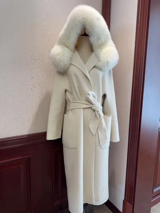 慵懒风狐狸毛领双面羊毛大衣时尚气质长款外套