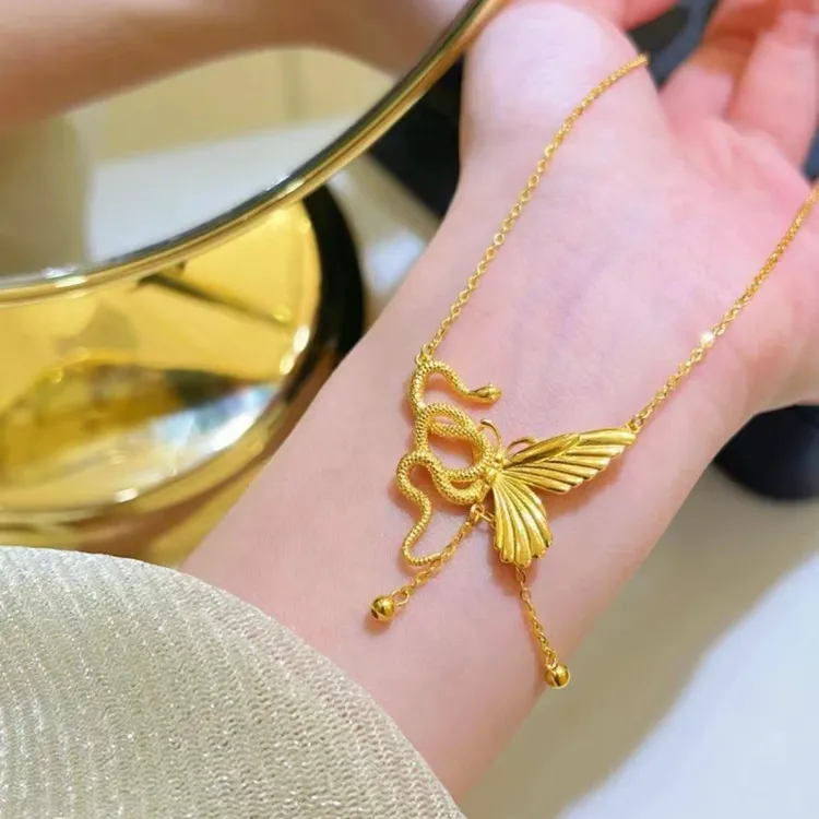 铜合金项链 不掉色灵蛇与蝶项链轻奢时尚设计感蛇蝶双生流苏坠链