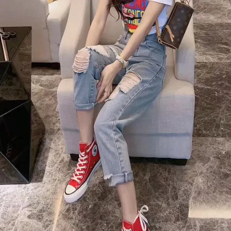 2025时尚新款直筒破洞牛仔裤女夏季薄款小个子高腰显瘦九分烟管裤