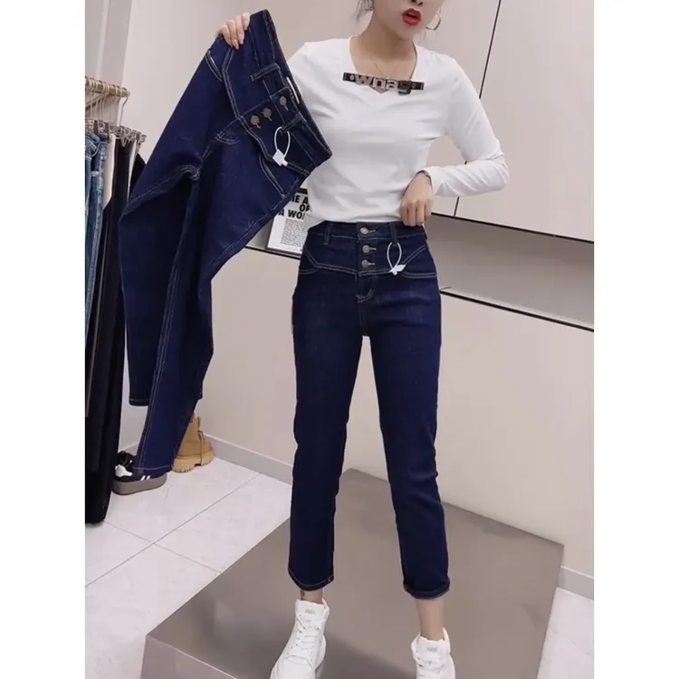 飞芊娅秋季新款弹力九分牛仔裤胖妹妹高时尚洋气腰显瘦直筒烟管裤