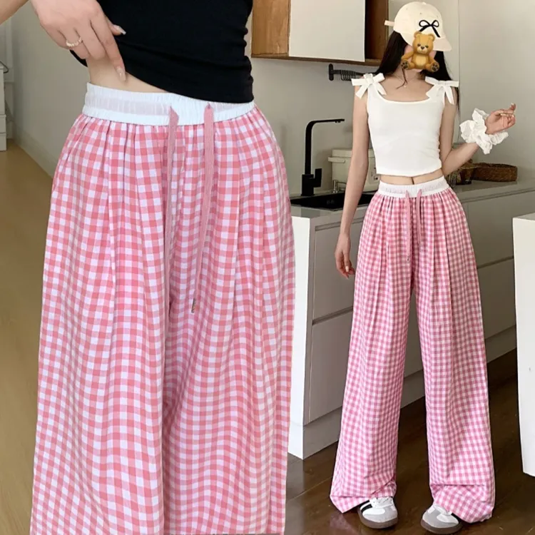 saimuwei/赛慕薇格子山本裤女夏季2024ins风高腰宽松休闲阔腿裤