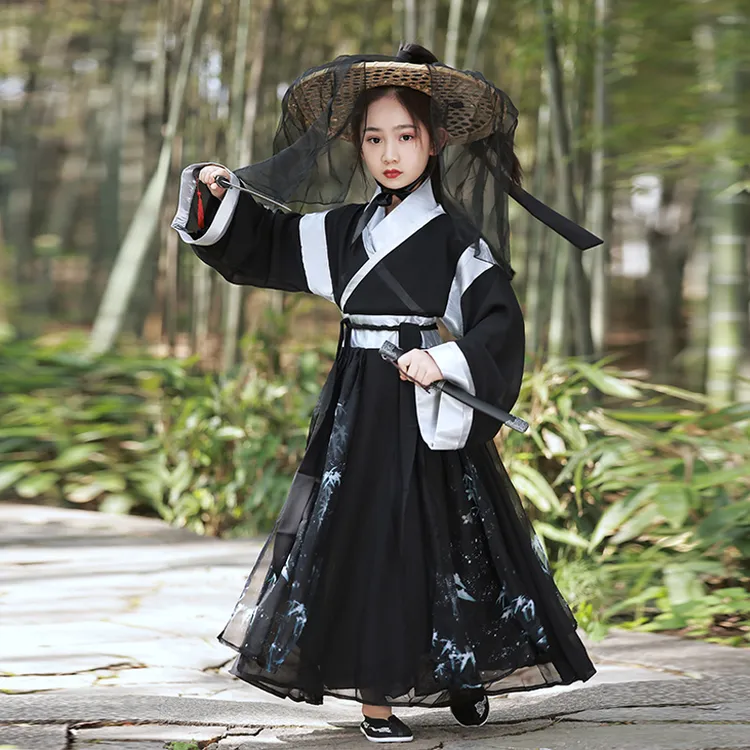 霸气女童汉服武侠风酷飒女侠高端走秀唐古装仙侠服剑客舞服夏薄款