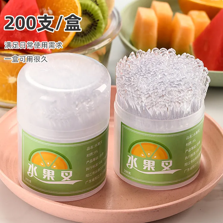 200支/盒装水果叉一次性竹节纹加厚透明家用水果叉甜品叉蛋糕叉子