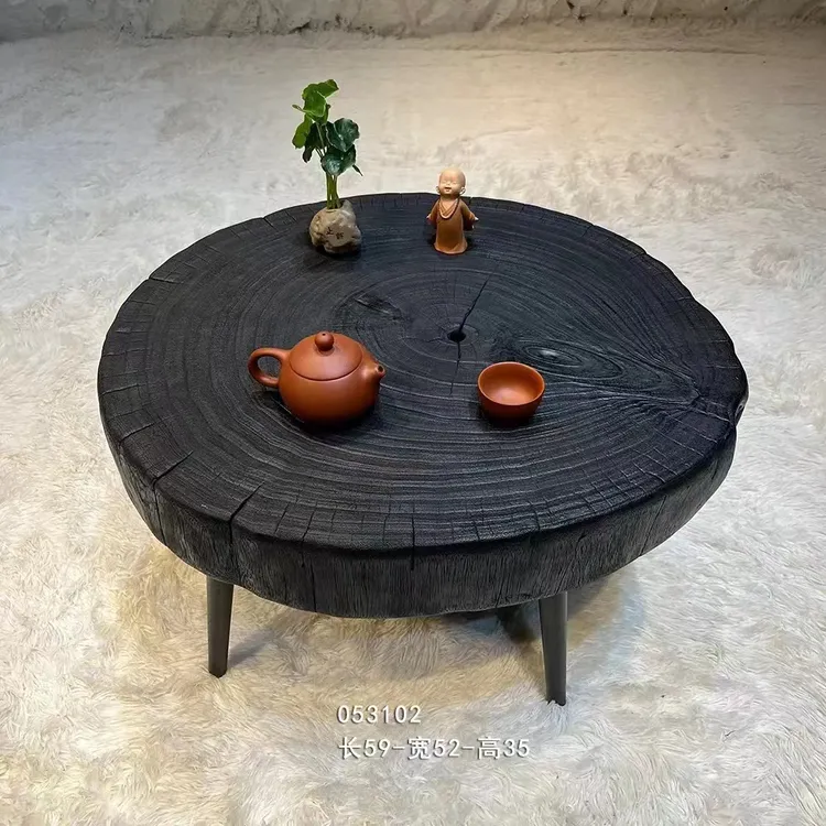 直播间一物一拍实木香樟原木干泡茶台做旧碳化工艺极简风侘寂风