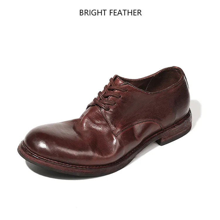 BRIGHTFEATHER新款马皮男士系带低帮水洗复古真皮固特异德比鞋男