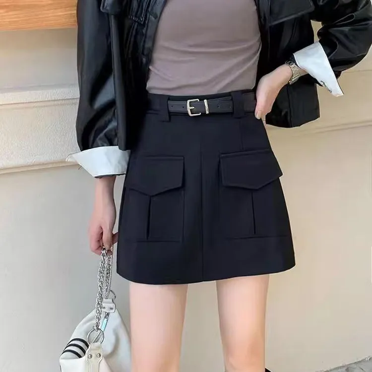 工装半身裙女辣妹早秋高腰设计感腰带高腰a字显瘦休闲包臀短裙女