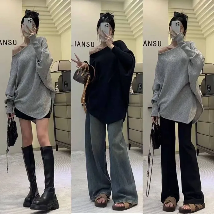 叮叮家【巴黎之恋】秋季设计感慵懒风不规则卫衣斜肩T恤上衣