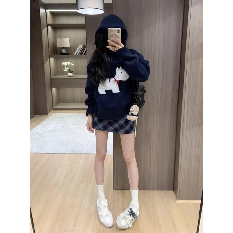 藏蓝色小狗连帽套头针织毛衣女2025年秋冬季小个子宽百搭连帽上衣