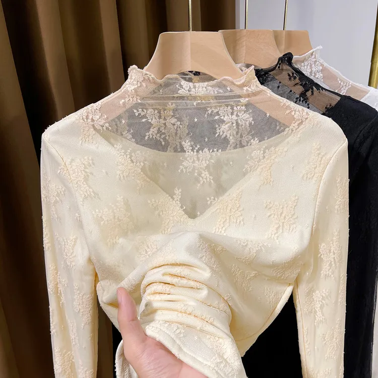 高领加绒蕾丝打底衫女秋冬2025新款保暖洋气内搭小衫打底衫女内搭