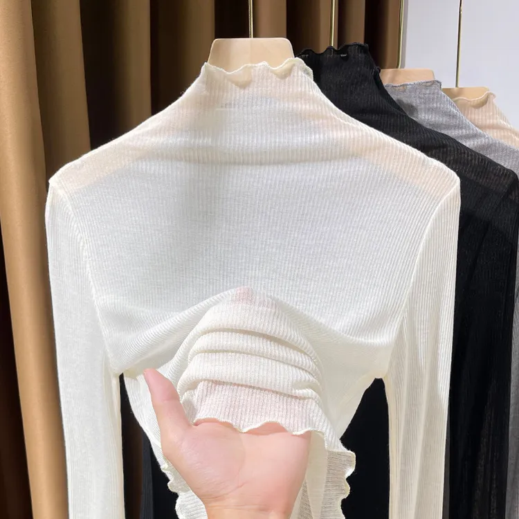 高领薄款百搭打底衫女秋冬新款木耳边洋气内搭小衫透视气质衫女潮