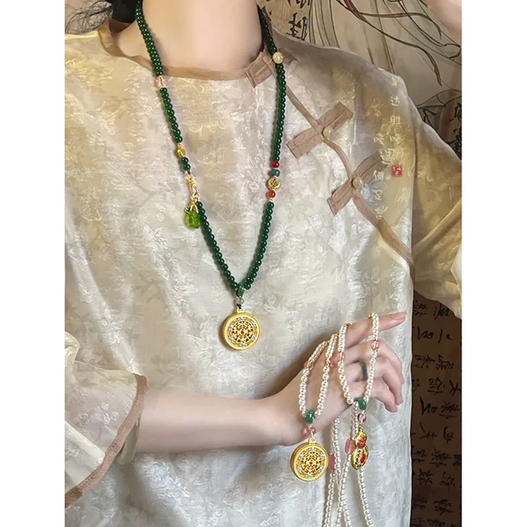 铜合金项链 新中式复古圆牌串珠项链马面裙汉服旗袍民族风毛衣链 