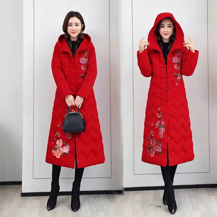 复古中国风刺绣款女2023新款盘扣民族风棉服中长款过膝时尚棉衣外