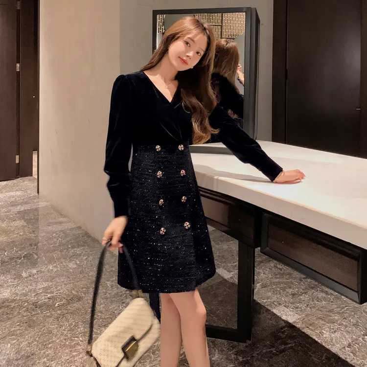 蓝语大码女装胖MM丝绒小香风裙子2024秋冬新款气质轻奢显瘦连衣裙