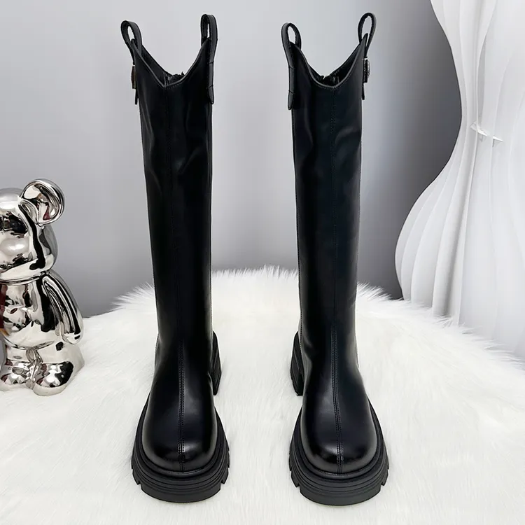 胖mm小个子高筒靴女2025新款冬季厚底长筒靴粗腿显瘦弹力长靴C11