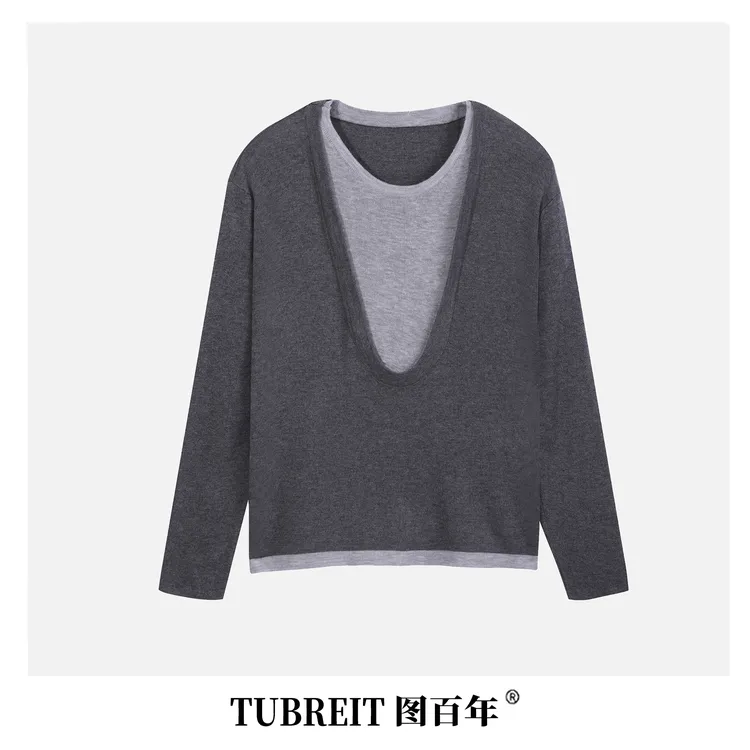 TUBREIT/图百年韩版时尚拼色大码宽松羊毛长袖针织衫春夏毛衣上衣