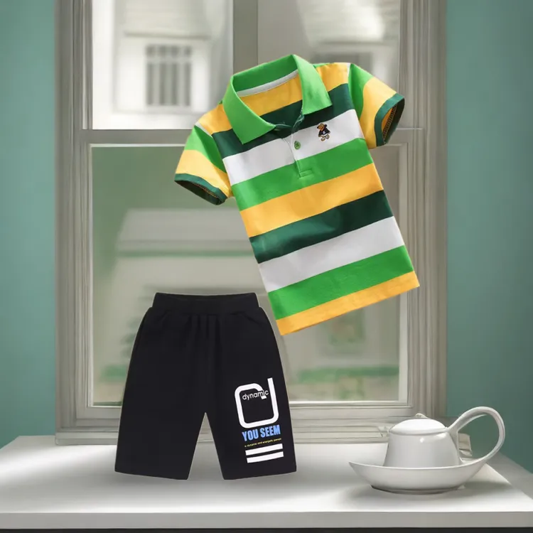 新款儿童夏季运动套装薄款中大童宝宝男童帅气翻领条纹polo衫男孩