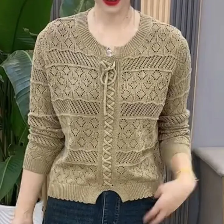 妈妈装气质百搭圆领针织衫秋冬新款纯色时尚毛衣宽松系带打底上衣