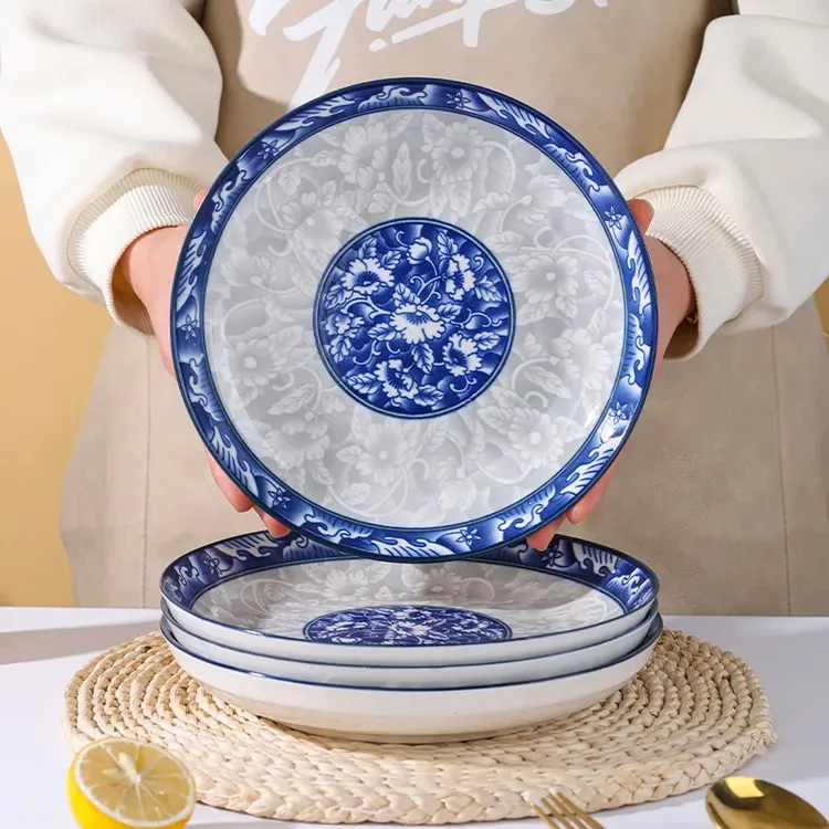 青花瓷盘子6个8英寸家用高颜值餐具新人高档餐盘陶瓷炒菜盘子家用