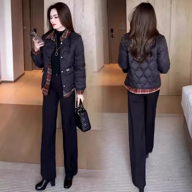 轻薄羽绒棉服女冬季新款时尚气质显瘦格子拼接假两件保暖棉袄外套