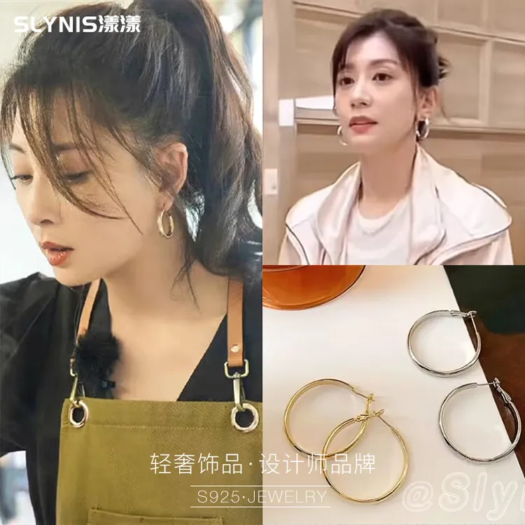 铜合金耳饰 浪姐同款静雯殷桃百搭气质素圈扁圈耳圈耳环欧美个性