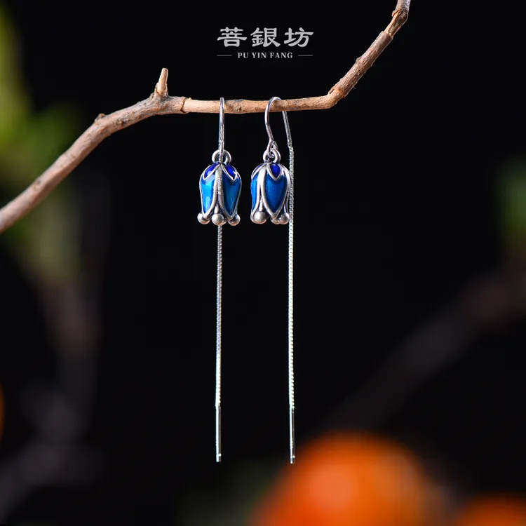 足银珐琅耳饰 【菩银坊】莲花耳线  铃兰花防丢耳线 升级加长版    