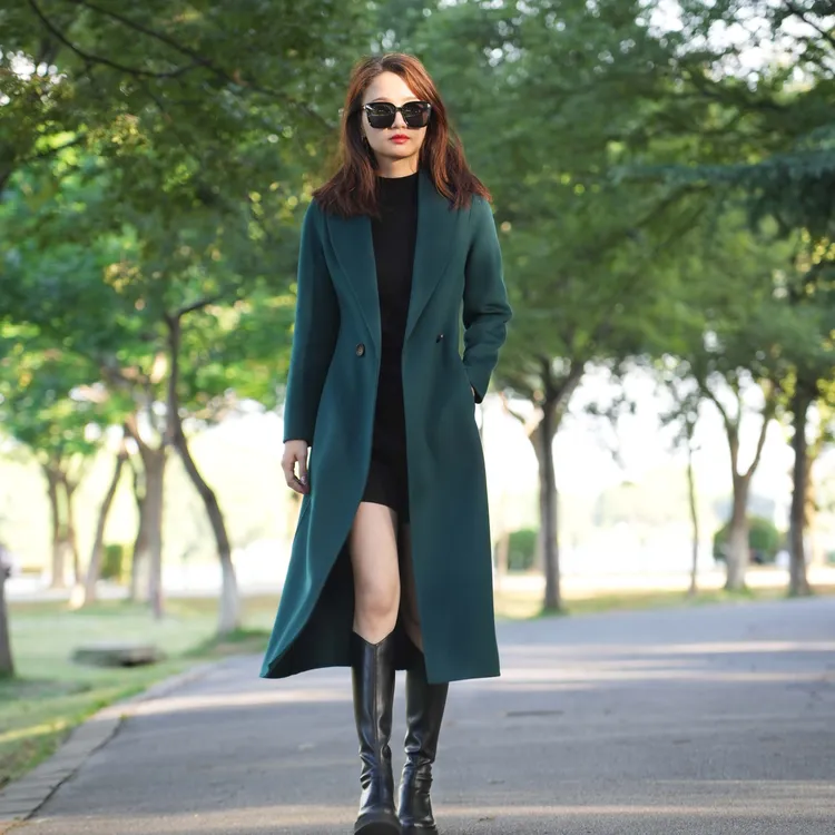 DFWOOLEN长款加长加厚款气质修身时尚纯色双面羊毛大衣外套Z30811