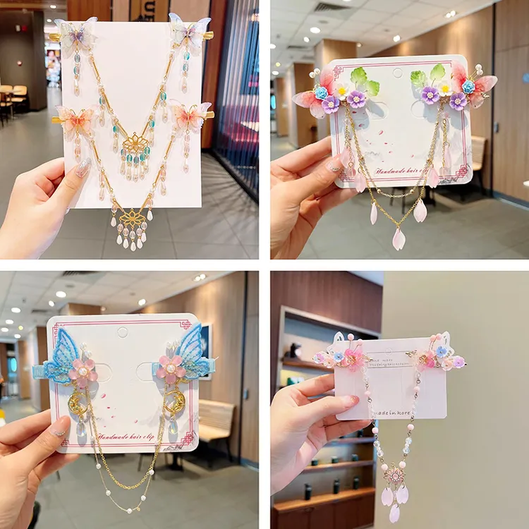 蝴蝶汉服发饰女童古风发夹宝宝唐装头饰侧边夹小女孩流苏古装发卡